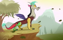 Size: 4292x2740 | Tagged: safe, artist:oinktweetstudios, character:discord, species:draconequus, cute, discute, green mane, heaven's light, male, mountain, solo, tree, younger