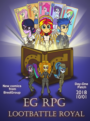 Size: 1400x1879 | Tagged: safe, artist:bredgroup, artist:sirvalter, character:adagio dazzle, character:aria blaze, character:flash sentry, character:sonata dusk, character:sunset shimmer, character:twilight sparkle, character:twilight sparkle (scitwi), species:eqg human, comic:eg rpg lootbattle royal, my little pony:equestria girls, announcement, ciri, clothing, comic, connor, cosplay, costume, crossover, detroit: become human, female, frying pan, gun, handgun, human female, human male, loot box, male, mercy, overwatch, pistol, rifle, rk800, shimmercy, sword, the witcher, video game, weapon