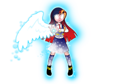 Size: 1024x710 | Tagged: safe, artist:crydius, oc, oc only, oc:gamma, parent:sci-twi, parent:sunset shimmer, parents:scitwishimmer, my little pony:equestria girls, android, artificial wings, augmented, aura, battle mode, clothing, collar, female, glow, glowing eyes, gradient hair, gynoid, headband, magic, magic wings, magical lesbian spawn, necktie, offspring, one winged angel, outstretched arm, robot, scientific lesbian spawn, shoes, simple background, skirt, snow, snowflake, socks, solo, transparent background, vest, weapon, wings