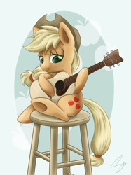 Size: 2249x3000 | Tagged: safe, artist:steffy-beff, character:applejack, species:earth pony, species:pony, acoustic guitar, chair, female, guitar, mare, musical instrument, sitting, solo