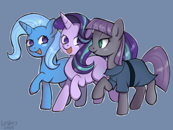 Size: 1280x960 | Tagged: safe, artist:leslers, character:maud pie, character:starlight glimmer, character:trixie, species:earth pony, species:pony, species:unicorn, cute, diatrixes, eye clipping through hair, female, glimmerbetes, gray background, mare, maudabetes, no pupils, open mouth, simple background, smiling, the amazing trio of friendship, trio