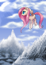 Size: 1280x1810 | Tagged: safe, artist:coma392, character:fluttershy, species:pegasus, species:pony, cloud, female, flying, mare, mountain, scenery, sky, solo