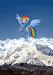 Size: 1280x1810 | Tagged: safe, artist:coma392, character:rainbow dash, species:pegasus, species:pony, female, flying, mare, mountain, scenery, sky, smiling, solo, spread wings, wings