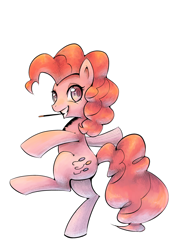 Size: 1280x1810 | Tagged: safe, artist:coma392, character:pinkie pie, species:earth pony, species:pony, cute, female, food, grin, looking at you, mare, on one hoof, pocky, simple background, smiling, solo, white background