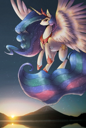 Size: 1378x2039 | Tagged: safe, artist:coma392, character:princess celestia, species:alicorn, species:pony, crown, female, flying, horseshoes, lake, looking at you, mare, mountain, peytral, regalia, scenery, smiling, solo, spread wings, sun, sunset, wings