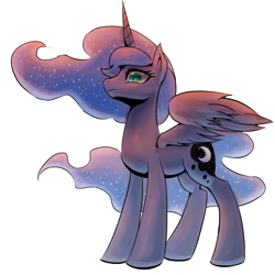 Size: 3000x3000 | Tagged: safe, artist:coma392, character:princess luna, species:alicorn, species:pony, female, horn, looking at you, mare, missing accessory, simple background, solo, spread wings, standing, white background, wings