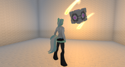 Size: 1920x1018 | Tagged: safe, artist:bangayo, character:lyra heartstrings, species:anthro, 3d, companion cube, crossover, portal (valve), portal gun, second life
