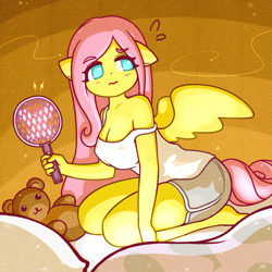 Size: 1929x1929 | Tagged: safe, artist:sigpi, character:fluttershy, species:anthro, species:pegasus, species:plantigrade anthro, species:pony, big breasts, breasts, bug zapper, busty fluttershy, clothing, erect nipples, female, floppy ears, kneeling, mosquito, mosquito racket, nipple outline, off shoulder, shorts, spread wings, tail, tank top, teddy bear, wings