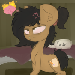 Size: 3000x3000 | Tagged: safe, artist:claudearts, oc, oc only, oc:sketcher, bed, blanket, bloodshot eyes, brain, butt freckles, cutie mark, ear freckles, fire, freckles, pillow, runny nose, sick, solo