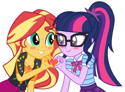 Size: 2111x1557 | Tagged: safe, artist:kingdark0001, character:sunset shimmer, character:twilight sparkle, character:twilight sparkle (scitwi), species:eqg human, ship:scitwishimmer, ship:sunsetsparkle, g4, my little pony: equestria girls, my little pony:equestria girls, blushing, clothing, female, geode of empathy, geode of telekinesis, glasses, heart hands, lesbian, shipping, simple background, sunset shimmer day, transparent background