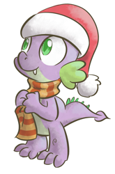 Size: 774x1170 | Tagged: safe, artist:derkrazykraut, character:spike, clothing, hat, male, santa hat, scarf, solo