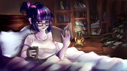 Size: 3840x2160 | Tagged: source needed, safe, artist:dream--chan, character:twilight sparkle, character:twilight sparkle (scitwi), species:eqg human, my little pony:equestria girls, 4k, book, bookshelf, cozy, female, lantern, mug, solo