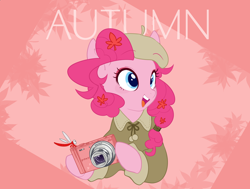 Size: 1720x1300 | Tagged: safe, artist:potetecyu_to, character:pinkie pie, species:earth pony, species:pony, beret, camera, clothing, dragonfly, female, hat, insect, maple leaf, mare, solo