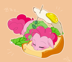 Size: 1720x1500 | Tagged: safe, artist:potetecyu_to, character:pinkie pie, species:earth pony, species:pony, bread, cute, diapinkes, egg, female, floppy ears, food, fried egg, lettuce, mare, ponies in food, sandwich, sleeping, solo, zzz