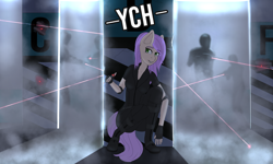 Size: 2400x1440 | Tagged: safe, artist:mintjuice, species:anthro, species:pony, advertisement, ambush, bomb, clothing, commission, detonator, female, laser, mare, parking, searching, smoke, soldier, spy, stealth suit, weapon, ych example, your character here