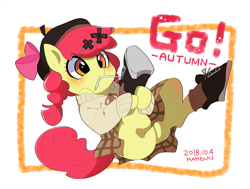 Size: 1720x1300 | Tagged: safe, artist:potetecyu_to, character:apple bloom, species:pony, boots, bow, clothing, female, filly, mouth hold, shoes, skirt, solo, tying shoes