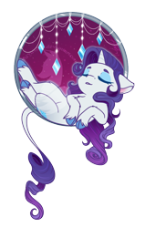 Size: 600x942 | Tagged: safe, artist:fuyusfox, character:rarity, species:classical unicorn, species:pony, species:unicorn, cloven hooves, colored hooves, cute, dreamcatcher, eyes closed, female, leonine tail, mare, night, on back, raribetes, simple background, sleeping, smiling, solo, transparent background, unshorn fetlocks, watermark