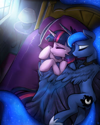 Size: 2075x2600 | Tagged: safe, artist:fidzfox, character:princess luna, character:twilight sparkle, character:twilight sparkle (alicorn), species:alicorn, species:pony, ship:twiluna, bed, comforting, crying, cuddling, cute, ethereal mane, featured on derpibooru, female, galaxy mane, hoof shoes, hug, lesbian, lunabetes, mare, shipping, sleeping, spooning, sweet dreams fuel, twiabetes, wing blanket, winghug