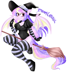 Size: 2083x2272 | Tagged: safe, artist:nekomellow, oc, oc:dream catcher (nekomellow), species:anthro, species:bat pony, bat pony oc, breasts, broom, clothing, female, flying, flying broomstick, halloween, hat, holiday, leotard, simple background, socks, solo, striped socks, transparent background, witch, witch hat