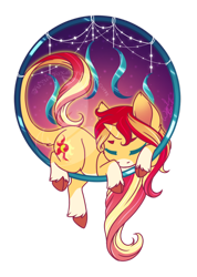 Size: 600x842 | Tagged: safe, artist:fuyusfox, character:sunset shimmer, species:classical unicorn, species:pony, species:unicorn, g4, cloven hooves, colored hooves, cute, eyes closed, female, leonine tail, long mane, mare, shimmerbetes, simple background, sleeping, socks (coat marking), solo, transparent background, unshorn fetlocks, watermark