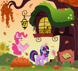Size: 1400x1270 | Tagged: safe, artist:pink-pone, character:pinkie pie, character:twilight sparkle, character:twilight sparkle (unicorn), species:earth pony, species:pony, species:unicorn, autumn, duo, female, golden oaks library, leaf, magic, mare, pointy horn, rake, telekinesis
