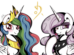 Size: 2560x1919 | Tagged: safe, artist:saralien, character:princess celestia, species:alicorn, species:pony, princess molestia, blushing, duo, eyeshadow, female, looking at you, makeup, mare, signature, simple background, smiling, spread wings, tongue out, white background, wings