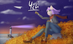 Size: 2815x1696 | Tagged: safe, artist:mintjuice, species:anthro, species:pony, advertisement, autumn, clothing, cloud, commission, evening, female, grass, hill, lighthouse, mare, paper airplane, sitting, sky, stars, water, wind, ych example, your character here