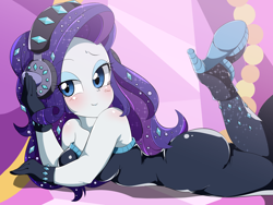 Size: 1600x1200 | Tagged: safe, artist:umejiru, character:rarity, episode:the other side, g4, my little pony: equestria girls, my little pony:equestria girls, ass, bare shoulders, breasts, clothing, cute, fabulous, female, gloves, headphones, high heels, raribetes, rearity, scene interpretation, sexy, shoes, sleeveless, solo, strapless, stupid sexy rarity