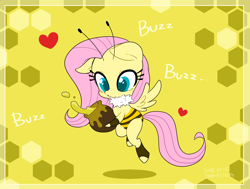 Size: 1720x1300 | Tagged: safe, artist:potetecyu_to, character:fluttershy, species:pegasus, species:pony, animal costume, antennae, bee, bee costume, chibi, clothing, costume, cute, female, flutterbee, food, heart, honey, hoof hold, looking at something, mare, neck fluff, pot, shyabetes, solo, spill, spread wings, wings