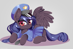 Size: 3000x2000 | Tagged: safe, artist:detectiveneko, oc, oc only, species:pegasus, species:pony, chest fluff, clothing, dress, female, hat, looking at you, mare, necktie, police, police uniform, prone, smiling, solo, wings