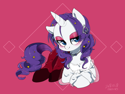 Size: 1720x1300 | Tagged: safe, artist:potetecyu_to, character:rarity, species:pony, species:unicorn, alternate hairstyle, clothing, dress, ear piercing, earring, eyeshadow, female, jewelry, looking at you, makeup, piercing, smiling, solo
