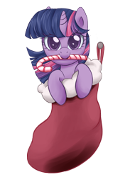 Size: 3000x4100 | Tagged: safe, artist:steffy-beff, character:twilight sparkle, candy cane, christmas stocking, cute, female, filly, looking at you, mouth hold, simple background, smiling, solo, transparent background, twiabetes, vector
