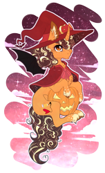 Size: 873x1438 | Tagged: safe, artist:lunawolf28, oc, oc only, oc:sketched heart, species:pony, species:unicorn, clothing, female, halloween, hat, holiday, jack-o-lantern, mare, pumpkin, simple background, solo, transparent background, witch hat