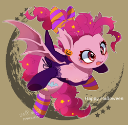 Size: 1500x1464 | Tagged: safe, artist:potetecyu_to, character:pinkie pie, species:bat pony, species:pony, bat ponified, bat wings, bow, clothing, fangs, female, hair bow, hair ribbon, halloween, holiday, hooves, jack-o-lantern, mare, open mouth, pinkiebat, pumpkin, race swap, socks, solo, striped socks, wings