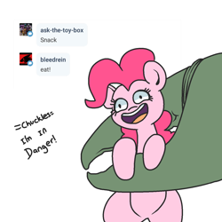 Size: 1280x1280 | Tagged: safe, artist:pencilbrony, character:pinkie pie, oc, oc:afccvitb, species:pony, chuckles i'm in danger, claw, dialogue, imminent vore, meme, smiling