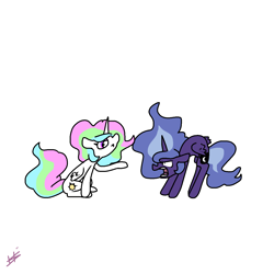 Size: 1280x1280 | Tagged: safe, artist:pencilbrony, character:princess celestia, character:princess luna, species:alicorn, species:pony, :<, angry, arched back, behaving like a cat, cat, cute, duo, eye contact, female, floppy ears, frown, glare, looking at each other, mare, open mouth, raised hoof, royal sisters, simple background, sitting, white background, wide eyes