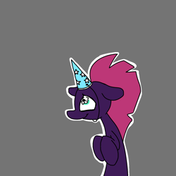 Size: 1280x1280 | Tagged: safe, artist:pencilbrony, character:tempest shadow, species:pony, species:unicorn, clothing, female, floppy ears, hat, hooves to the chest, looking at something, looking up, mare, outline, party hat, simple background, smiling, solo, tempest gets her horn back