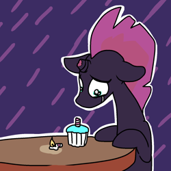 Size: 1280x1280 | Tagged: safe, artist:pencilbrony, character:tempest shadow, species:pony, species:unicorn, birthday, broken, broken horn, candle, cupcake, female, food, horn, sad, solo