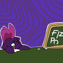 Size: 1280x1280 | Tagged: safe, artist:pencilbrony, character:fizzlepop berrytwist, character:tempest shadow, species:pony, species:unicorn, abstract background, broken, broken horn, chalkboard, crying, female, floppy ears, horn, looking down, mare, ptsd, sad, solo, table, wide eyes, writing
