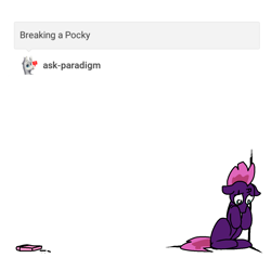 Size: 1280x1280 | Tagged: safe, artist:pencilbrony, character:tempest shadow, species:pony, broken horn, candy, corner, female, floppy ears, food, horn, looking down, pocky, ptsd, sad, simple background, solo, tumblr, white background