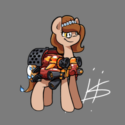 Size: 1280x1280 | Tagged: safe, artist:pencilbrony, oc, oc only, oc:brownie bun, species:earth pony, species:pony, horse wife, armor, engine, female, fire, firebat, flame decal, gray background, mare, rocket, signature, simple background, smiling, solo, some mares just want to watch the world burn, starcraft, terran, this will end in fire