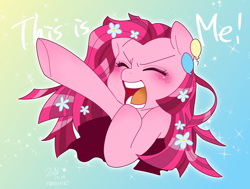 Size: 1720x1300 | Tagged: safe, artist:potetecyu_to, character:pinkamena diane pie, character:pinkie pie, species:earth pony, species:pony, eyes closed, female, flower, flower in hair, madorable, mare, open mouth, solo