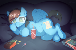 Size: 3000x2000 | Tagged: safe, artist:detectiveneko, oc, oc only, oc:blue scroll, species:pegasus, species:pony, chubby, coca-cola, couch, female, fluffy, food, french fries, goggles, mare, mcdonald's, pizza, prone, smiling, soda, solo, tongue out