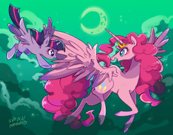 Size: 1920x1500 | Tagged: safe, artist:potetecyu_to, character:pinkie pie, character:twilight sparkle, character:twilight sparkle (alicorn), species:alicorn, species:pony, spoiler:comic, spoiler:comic57, alicornified, crown, duo, female, flying, jewelry, mare, moon, pinkiecorn, princess of chaos, race swap, regalia, xk-class end-of-the-world scenario