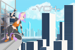 Size: 2400x1592 | Tagged: safe, artist:mintjuice, species:anthro, species:pony, advertisement, city, cityscape, clothing, cloud, commission, female, mare, mirror's edge, parkour, runner, sitting, sky, skyscraper, solo, sporty style, water, window, ych example, your character here