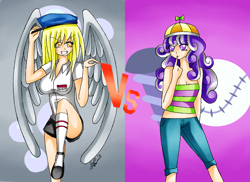 Size: 3509x2550 | Tagged: safe, artist:manhunterj, character:derpy hooves, character:screwball, species:human, fighting is magic, cutie mark background, duo, duo female, female, high res, humanized, winged humanization