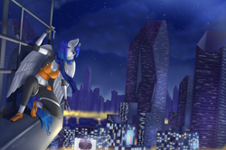 Size: 5000x3317 | Tagged: safe, artist:mintjuice, oc, oc only, oc:frost winterblade, species:anthro, species:pegasus, species:pony, anthro oc, city, cityscape, clothing, cloud, female, mare, night, parkour, runner, sitting, sky, skyscraper, solo, sporty style, stars, water, window, ych result