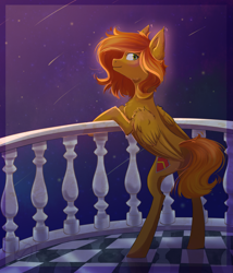 Size: 3001x3508 | Tagged: safe, artist:shiro-roo, oc, oc only, oc:camber, species:pegasus, species:pony, balcony, bipedal, bipedal leaning, female, leaning, looking at you, looking back, looking back at you, mare, night, shooting star, solo