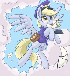 Size: 4200x4500 | Tagged: safe, artist:steffy-beff, character:derpy hooves, species:pegasus, species:pony, absurd resolution, clothing, cloud, cloudy, envelope, female, flying, hat, letter, mail, mailbag, mailmare, mailmare hat, mare, mouth hold, necktie, sky, solo, spread wings, wings