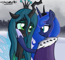 Size: 891x818 | Tagged: safe, artist:willisninety-six, character:princess luna, character:queen chrysalis, species:alicorn, species:changeling, species:pony, ship:chrysaluna, female, lesbian, shipping, snow, snowfall